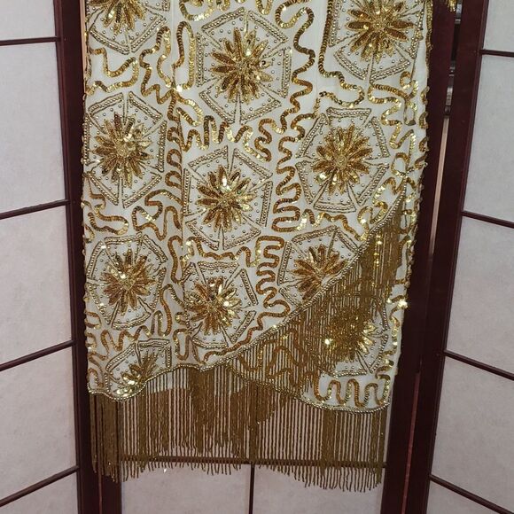 Gold Star Fringed Sequined Beaded Silk Cocktail Formal Dress - Picture 3 of 11